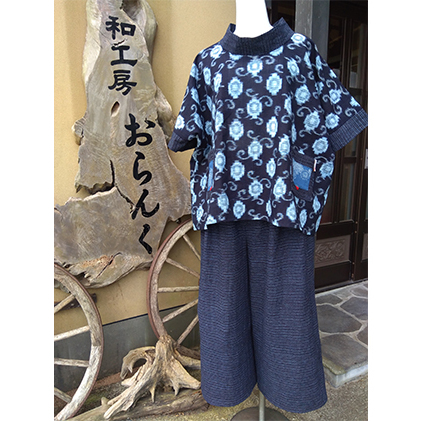 久留米絣と書生絣を利用した世界に1つの絣上下セット(ワイドパンツ、半袖ブラウス) ファッション 