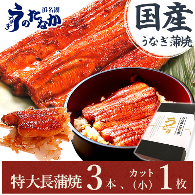 浜名湖・うなぎのたなかのふっくら柔らか国産うなぎ!長蒲焼3本、カット(小)1枚※合計595g程度【配送不可地域：離島】【1417594】