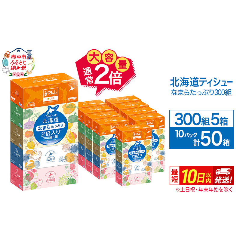 エリエール 北海道ティシュー 300組 5箱×10パック 計50箱 なまらたっぷり 大容量  最短 10日以内 ボックスティシュー 箱ティッシュ まとめ買い ペーパー 紙 防災 常備品 消耗品 備蓄 日用品 生活必需品 北海道 赤平市 2025_CP