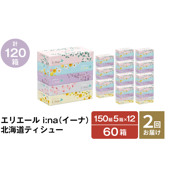 2回お届け 計120箱 エリエール i:na (イーナ) 北海道 ティシュー 150組5箱 12パック ティッシュペーパー 箱ティッシュ まとめ買い 防災 常備品 備蓄品 消耗品 日用品 生活必需品 送料無料 赤平市 福祉用品 雑貨