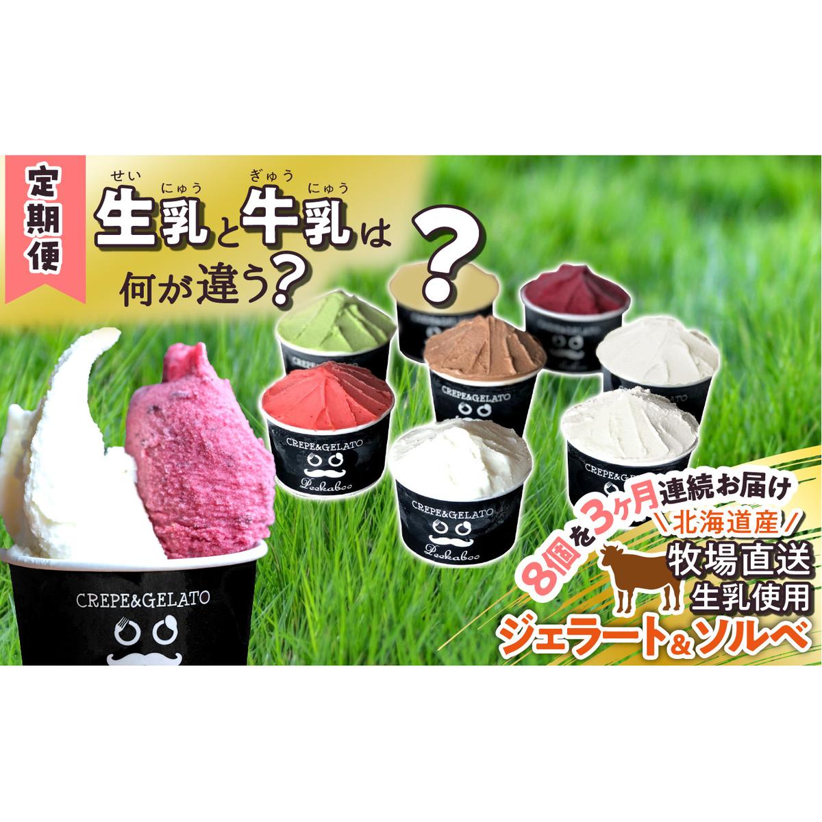 <3ヶ月定期便>北海道産 生乳 ジェラート アイス 毎月8個  詰め合わせ ジェラートセット