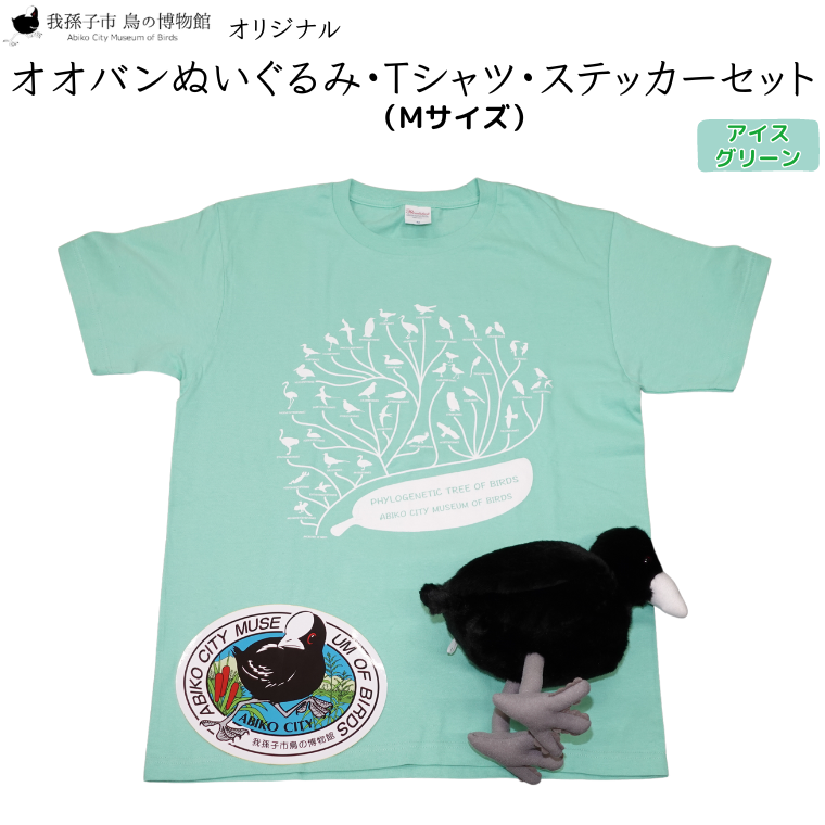 AR003-a 鳥の博物館オリジナルオオバンぬいぐるみ・Tシャツ(M/アイスグリーン)・ステッカーセット