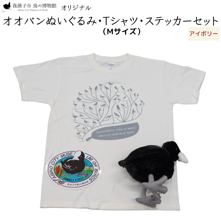 AR003-b 鳥の博物館オリジナルオオバンぬいぐるみ・Tシャツ(M/アイボリー)・ステッカーセット