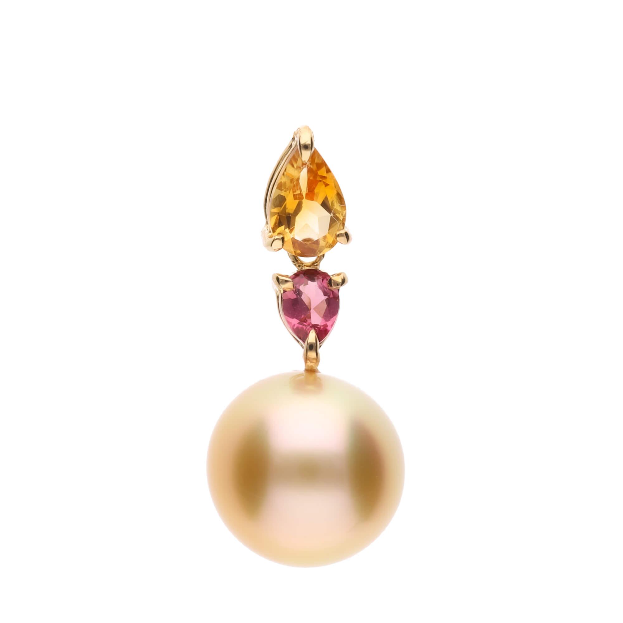 【水仙】ゴールデンパール シトリン ピンクトルマリン イエローゴールド ペンダントトップ｜無調色 白蝶真珠 南洋真珠 10mm K18YG