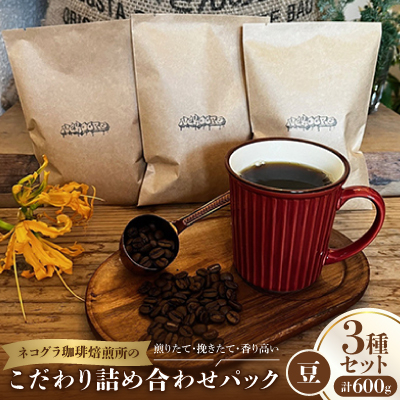 【豆】ネコグラ珈琲焙煎所の煎りたて挽きたて香り高いこだわり3種詰め合わせパック【1570637】