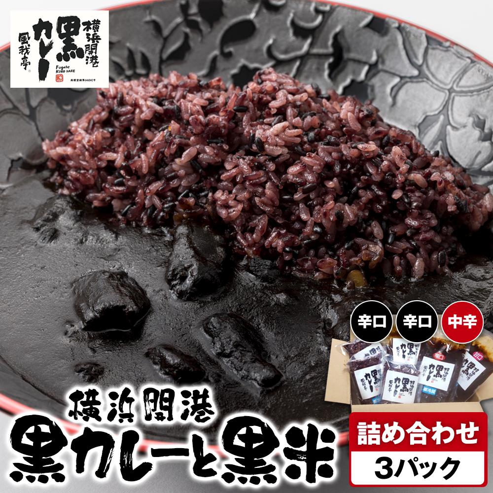 風我亭の横浜開港黒カレーと黒米の詰め合わせ 3パック【辛口2個、中辛1個】