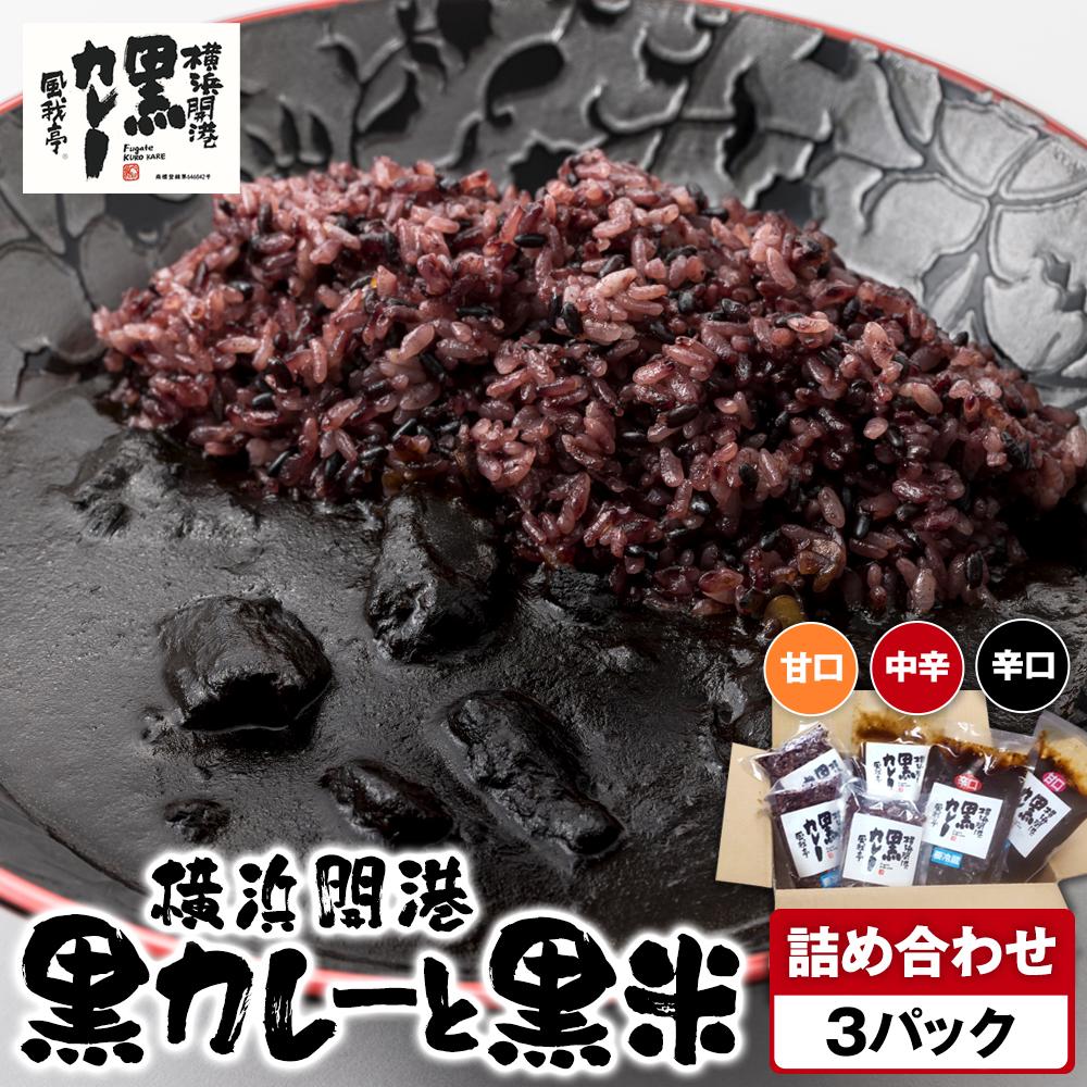 風我亭の横浜開港黒カレーと黒米の詰め合わせ 3パック【辛口1個、中辛1個、甘口1個】