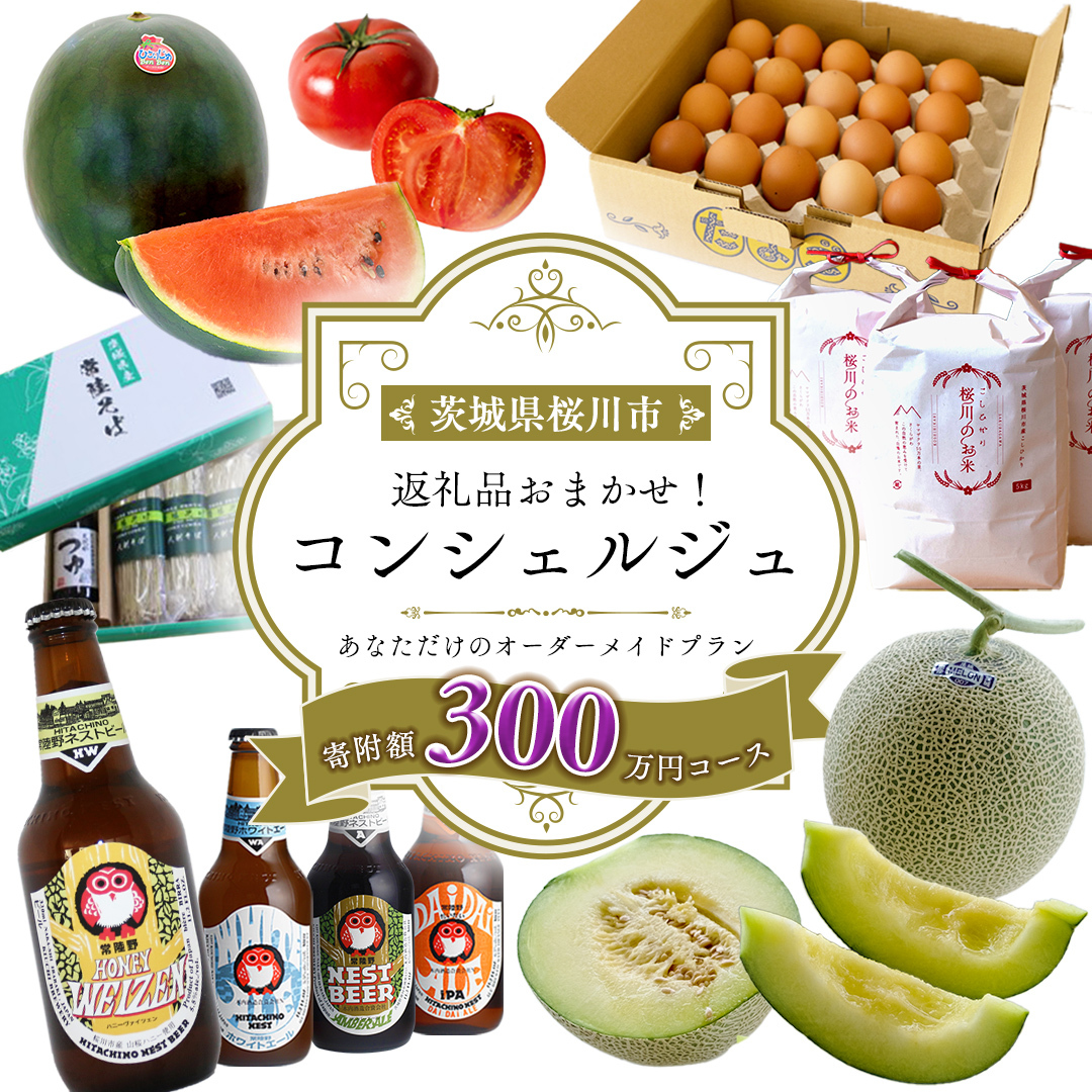 【 茨城県桜川市 コンシェルジュ】 返礼品おまかせ！ 寄附額 300万円 コース オーダーメイド サービス ピックアップ 高額 代行 お好み セット 詰め合わせ [BR018sa]