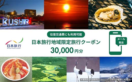 北海道釧路市 日本旅行 地域限定旅行クーポン30,000円分（Eメール発行） チケット 旅行 宿泊券 ホテル 観光 旅行 旅行券 交通費 体験 宿泊 夏休み 冬休み 家族旅行 ひとり カップル 夫婦 親子 トラベルクーポン 北海道釧路市旅行 阿寒湖 道東 釧路湿原 _F4F-8281
