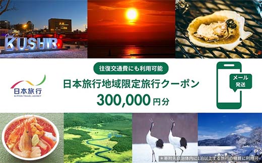 北海道釧路市 日本旅行 地域限定旅行クーポン300,000円分(Eメール発行) チケット 旅行 宿泊券 ホテル 観光 旅行 旅行券 交通費 体験 宿泊 夏休み 冬休み 家族旅行 ひとり カップル 夫婦 親子 トラベルクーポン 北海道釧路市旅行 阿寒湖 道東 釧路湿原 _F4F-8285