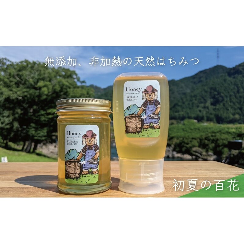 合計530g 天然蜂蜜 国産蜂蜜 非加熱 生はちみつ 岐阜県 美濃市産 初夏 (蜂蜜230g入りガラス瓶1本、蜂蜜300g入りピタッとボトル1本のセット)B13 深田養蜂のハチミツ