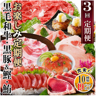 定期便3回配送 お楽しみ定期便(黒毛和牛・黒豚・かつお・まぐろ) LL-6014【配送不可地域:離島】【1485110】
