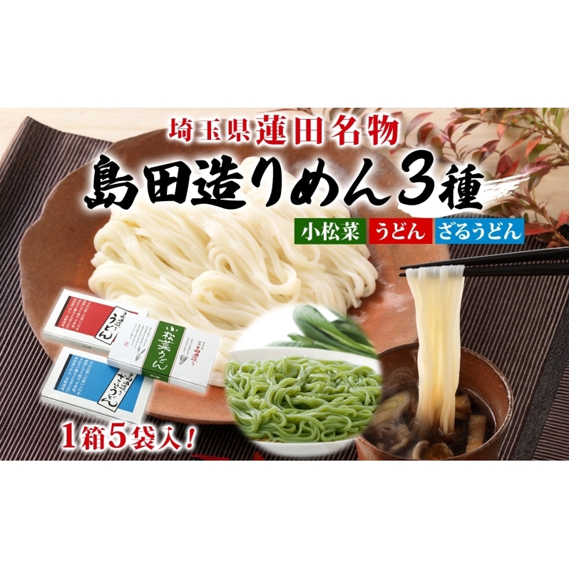 埼玉・蓮田名物 島田造りめん 3種セット 各220g×5袋 計15袋 島田造り 小松菜うどん ざるうどん うどん 乾麺 埼玉県産小麦使用 小松菜 家庭用 ギフト お取り寄せ 翁の郷 埼玉県 蓮田市