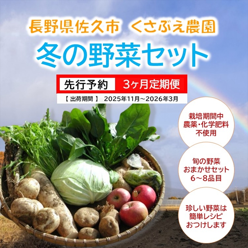 【3ヶ月定期便】くさぶえ農園『冬の野菜6～8品目セット』（2025年11月～2026年3月出荷／北海道・沖縄・離島は配送不可）高原 無農薬 産地直送 新鮮 旬彩 簡単レシピ 先行予約【 産直 高原野菜 旬の野菜 有機野菜 有機栽培 農薬 化学肥料 不使用 佐久市】