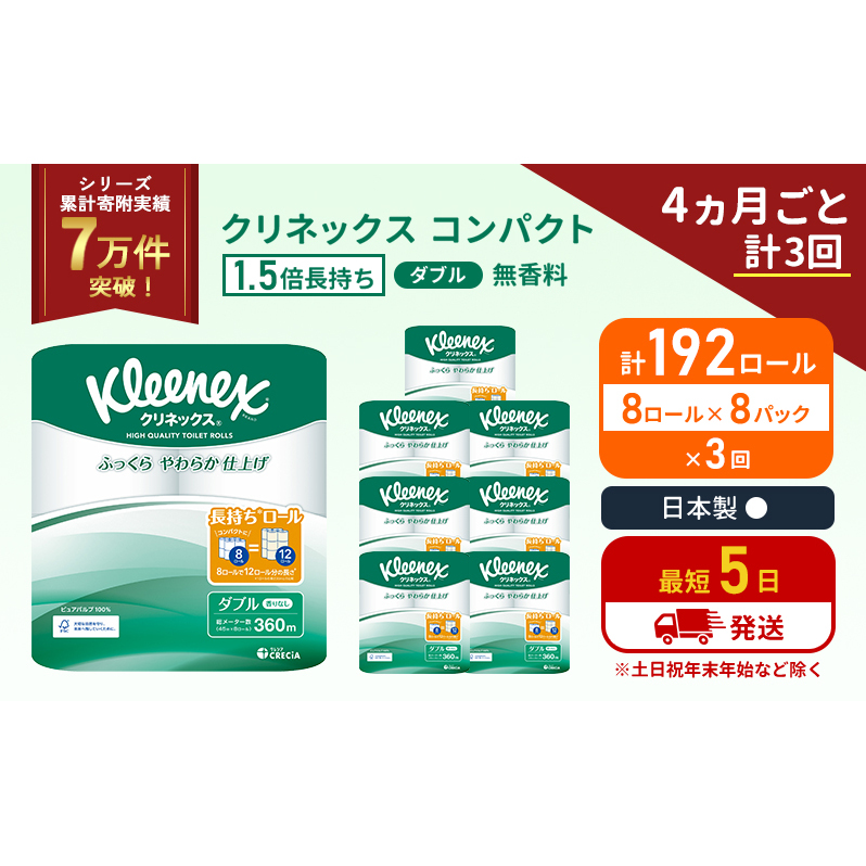 定期便 トイレットペーパー ダブル 1.5 倍巻き 1ケース (8ロール入×8パック) クリネックス コンパクト 無香料《4ヶ月ごと計3回》 トイレット ペーパー 節約 日用品 日用雑貨 備蓄 備蓄品 備蓄用 防災 防災グッズ 倍巻 宮城 宮城県 岩沼市