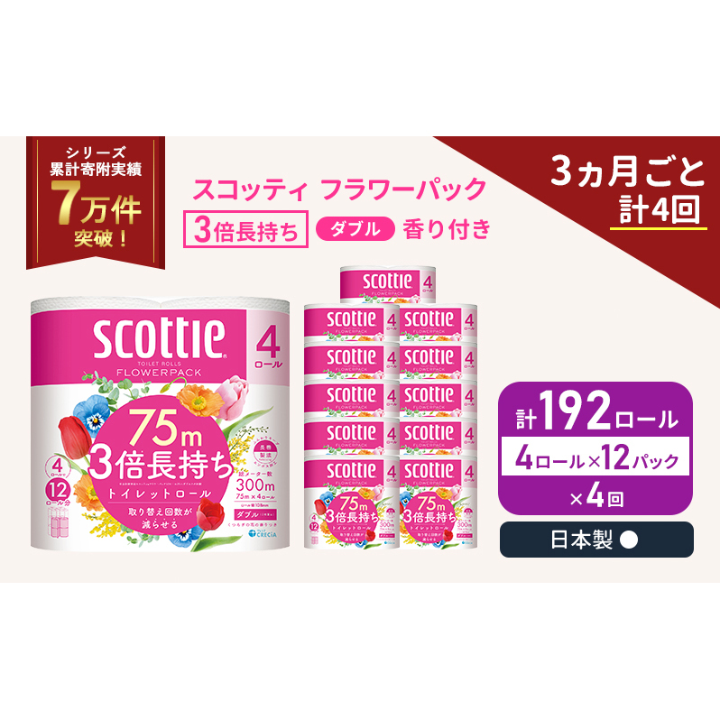 定期便 トイレットペーパー ダブル 3倍 長持ち 4ロール入×12パック スコッティ フラワーパック 香り付き《3ヶ月ごと計4回》 トイレット ペーパー 節約 日用品 日用雑貨 備蓄 備蓄用 防災 防災グッズ 3倍巻き 倍巻 宮城 宮城県 岩沼市