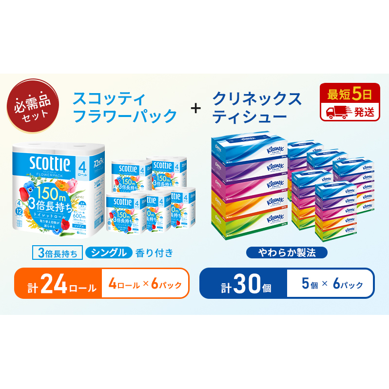 【特別寄附額/岩沼市オリジナル】ティッシュ クリネックス ティシュー 5箱入×6パック トイレットペーパー シングル フラワーパック 3倍長持ち 4ロール×6パック 香り付き 長持ち 防災 災害 日用品 生活用品 生活必需品