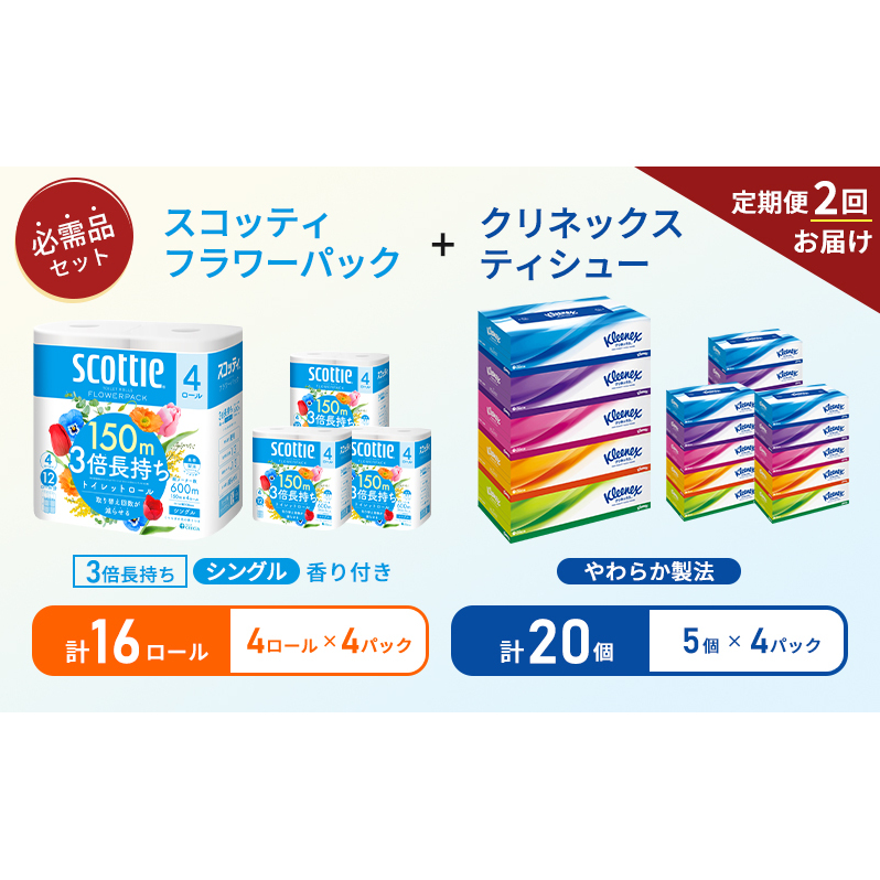 【6ヶ月ごと計2回お届け】ティッシュ クリネックス ティシュー 5箱入×4パック トイレットペーパー シングル フラワーパック 3倍長持ち ロール×4パック 香り付き 長持ち 防災 災害 日用品 生活用品 生活必需品