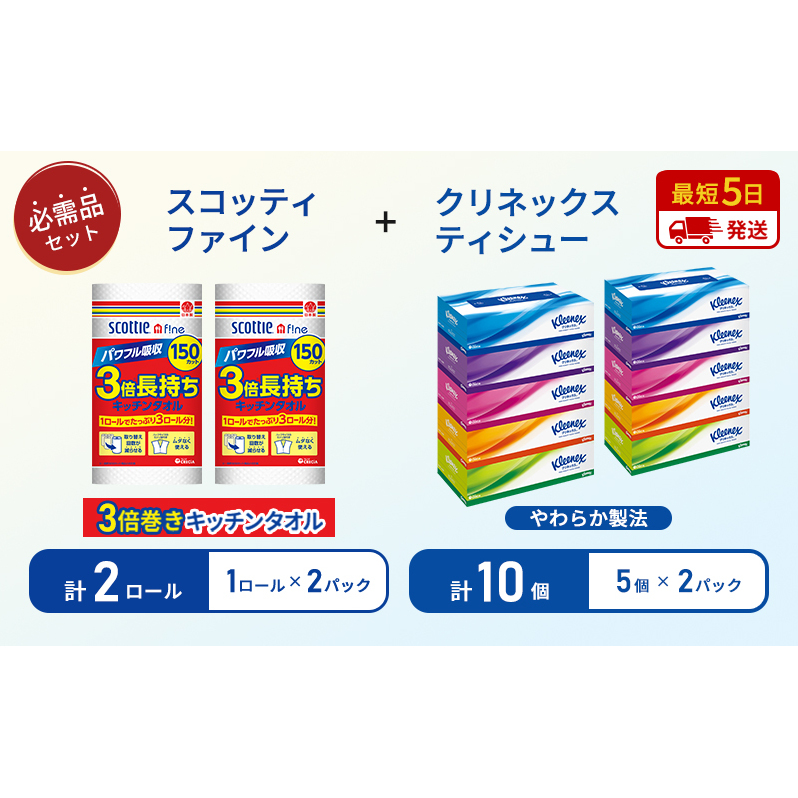 【特別寄附額/岩沼市オリジナル】ティッシュ クリネックス ティシュー 5箱入×2パック キッチンペーパー 2パック入 キッチンタオル スコッティ ファイン 1 ロール 3倍 150カット 長持ち 防災 災害 日用品 生活用品 生活必需品