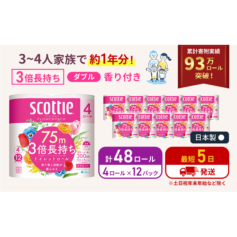 最短発送 トイレットペーパー ダブル スコッティ3倍長持ち 48ロール (4ロール×12パック) フラワーパック 香り付き スコッティ 3倍長持ち トイレットペーパーダブル 長持ち 日用品 消耗品 生活用品 生活必需品 まとめ買い 防災 最短 宮城県 岩沼市