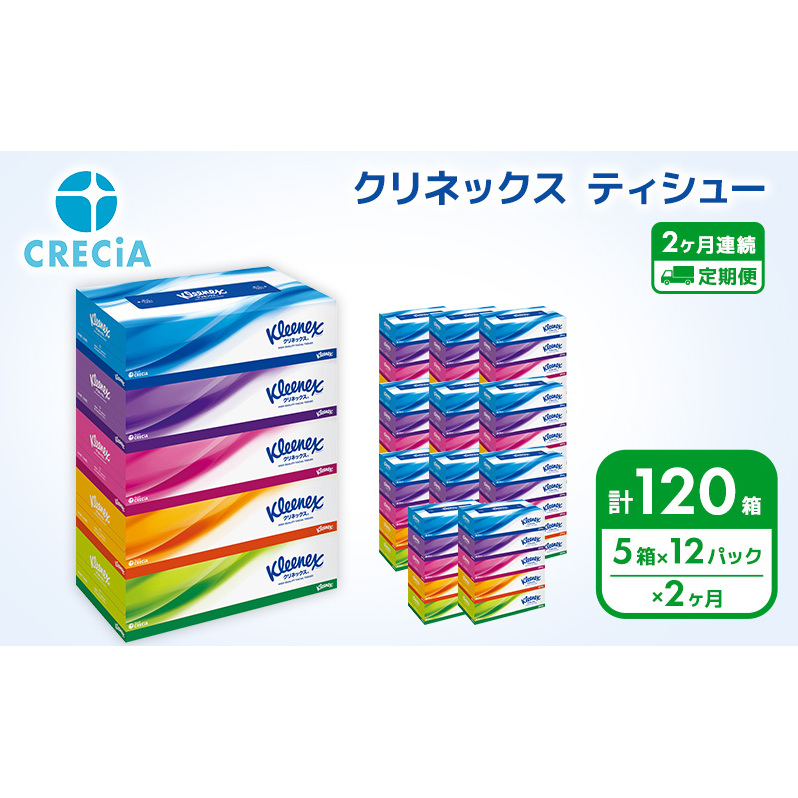 ティッシュペーパー 定期便 2ヶ月 クリネックス 60箱 (5箱×12パック) ティッシュ ティシュー ティシューペーパー ボックスティッシュ ボックスティシュー 防災 災害 日用品 消耗品 生活用品 生活必需品 まとめ買い 2回 お楽しみ 宮城 宮城県 岩沼市