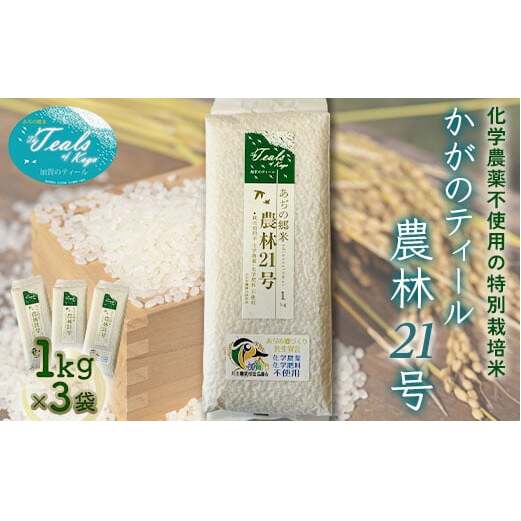 化学農薬不使用 特別栽培米 かがのティール 農林21号 精米 各1kg×3袋 お米 米 ギフト 贈り物  グルメ 食品 復興 震災 コロナ 能登半島地震復興支援 北陸新幹線 F6P-2227