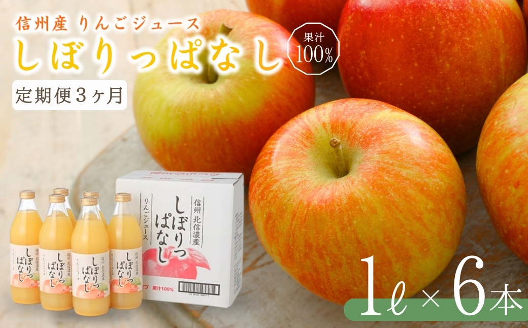 [定期便3ヶ月]信州産 りんごジュース 「しぼりっぱなし」 果汁100% (1L×6本)|ストレートジュース 信州 長野県 千曲市