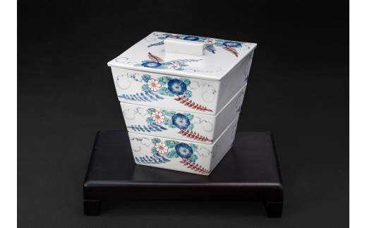【伊万里焼】辻が花三段重陶箱 035-H681