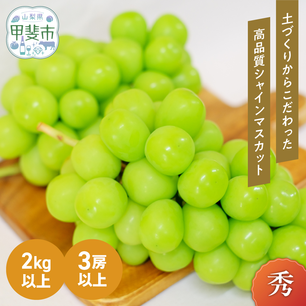 [☆先行予約☆2025年発送]土にこだわったシャインマスカット 2kg 3房以上 先行予約 山梨県産 国産 産地直送 人気 おすすめ 贈答 ギフト お取り寄せ フルーツ 果物 くだもの ぶどう ブドウ 葡萄 新鮮 甘い 皮ごと 甲斐市 BI-2