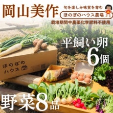 岡山美作の赤土台地でじっくり育てた季節の野菜約8種類と平飼い卵(6個入り)のセットです。【配送不可地域:離島】【1530200】