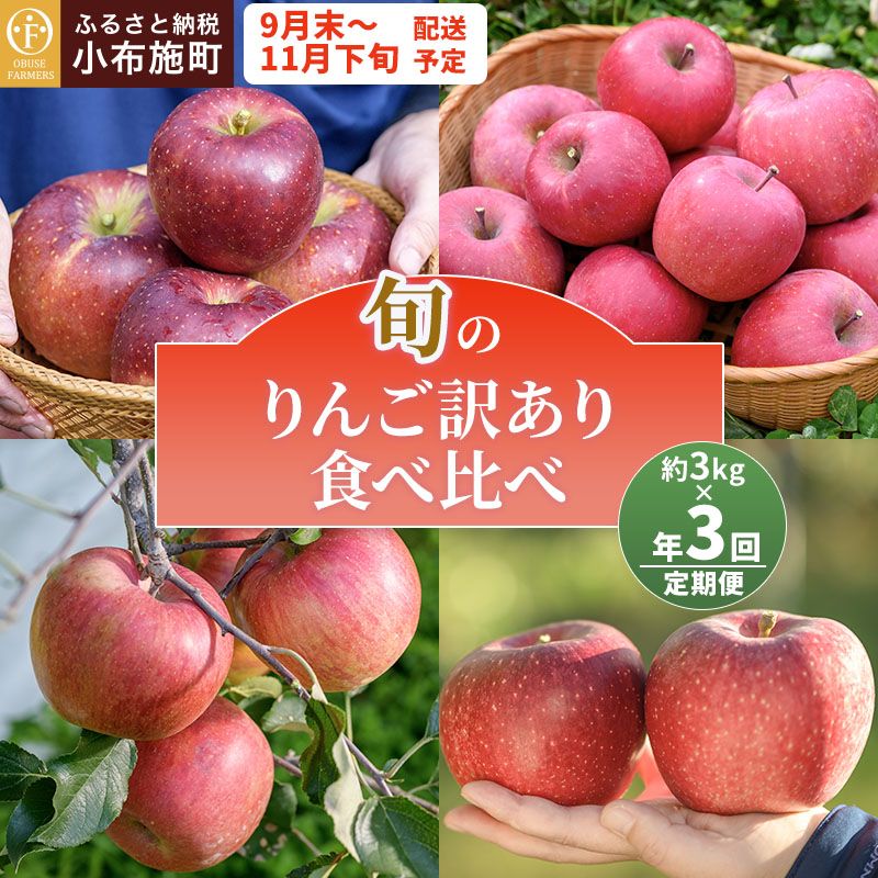 【訳あり】【3回定期便】旬のりんご訳あり約3kg食べ比べ 秋映 シナノスイート シナノホッペ サンふじ ［おぶせファーマーズ］ 不揃い 規格外 家庭用 果物 フルーツ りんご 林檎 リンゴ 長野県産 信州産 令和7年産 【2025年9月末から11月下旬】