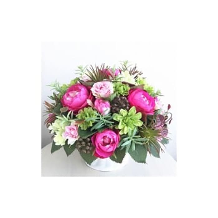 【ギフト用】美流渡の森 アーティフィシャルフラワー・アレンジメント　ピンク、グリーン（ブリキ花器シリーズ）【12203】[a110-003]