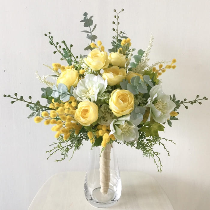 【ギフト用】美流渡の森 アーティフィシャルフラワーブーケ ミモザ黄色系 (花器付き)【12255】[a110-055]