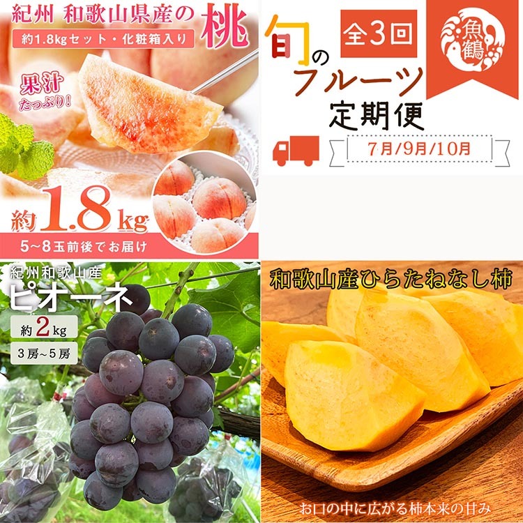 〈定期便〉【7・9・10月 全3回】紀州和歌山産旬のフルーツセット(桃・ピオーネ・ひらたねなし柿) ｜フルーツ ふるーつ 果物 くだもの 詰め合わせ 果物定期便 もも ぶどう かき 国産 産地直送 美浜町