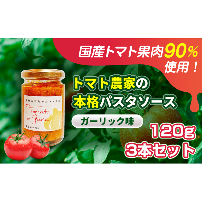 【国産トマト果肉90%使用！】トマト農家の本格パスタソース ガーリック味 120g 3本セット｜国産 姫路市産 完熟八百ちゃんトマト 万能調味料
