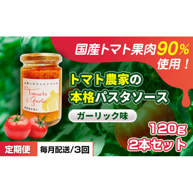 【定期便・全3回】トマト農家の本格パスタソース ガーリック味 120g 2本セット × 3回｜国産 姫路市産 完熟八百ちゃんトマト 万能調味料