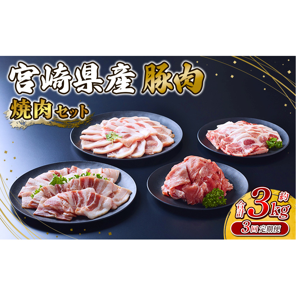 【3回定期便】豚肉 宮崎県産 いもこ豚 焼肉 セット 3kg × 3回 総合計 9kg 切り落とし 小分け 豚 豚バラ バラ ロース 肩ロース スライス 小間切れ 焼肉用 焼き肉 BBQ 鉄板焼き 豚丼 国産 九州産 宮崎 ブランド 冷凍 送料無料
