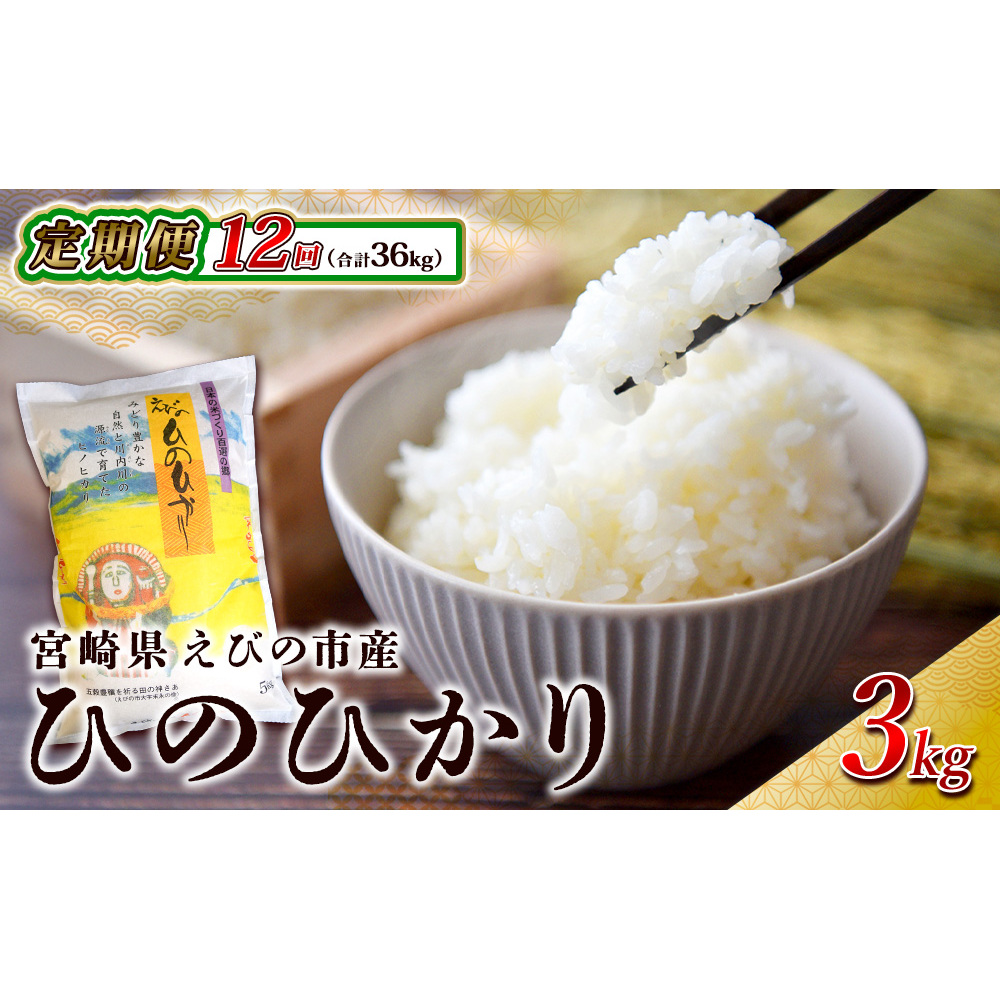 【年間定期便】えびの産 ひのひかり 3kg×12ヶ月 合計 36kg 定期便 米 お米 白米 おにぎり ヒノヒカリ お弁当 九州 宮崎県 特選米 冷めても美味しい 送料無料