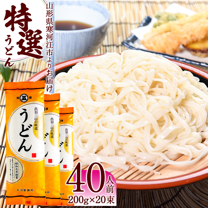 製麺所こだわり 山形の「特選うどん(乾麺)」 20束（40人前） 大沼製麺所 【 お取り寄せ 備蓄 小分け 個包装 常温 保存 便利 ご当地 グルメ 土産 特産 名物 饂飩 東北 山形県 釜揚げ 煮込み ざるうどん かけうどん 】　010-F-ON012