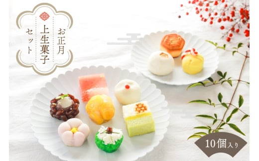 お正月 和菓子【迎春 上生菓子】10個入り 和スイーツ 皇室献上 生菓子 ギフト お歳暮 お取り寄せ 高級 上品 羊羹 練り切り 饅頭 鹿の子 初詣 干支 お年賀（VYD）B-941