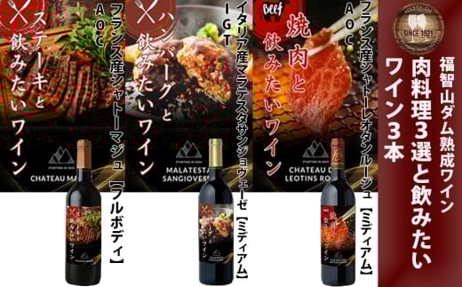福智山ダム熟成 肉料理3選と飲みたい赤ワイン 3本詰め合わせセット FD338 熟成ワイン ワイン 赤 酒 お酒