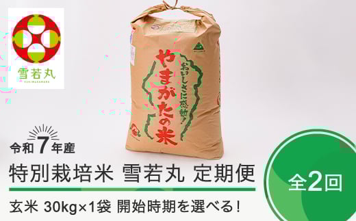 新米 米 令和7年産 【玄米2回定期便】 雪若丸 30kg×2回 2026年1月・2026年4月発送 大石田町産 特別栽培米 玄米 ※沖縄・離島への配送不可 ja-yugxa30x2-tkk1to4