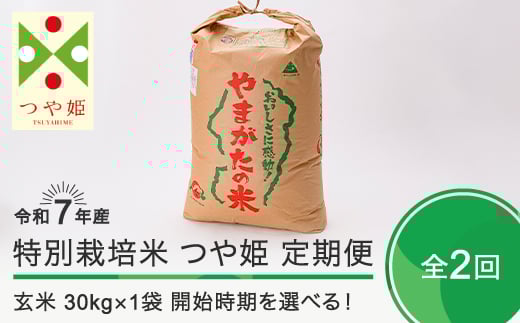 新米 米 令和7年産 【玄米2回定期便】 つや姫 30kg×2回 2026年2月・2026年5月発送 大石田町産 特別栽培米 玄米 ※沖縄・離島への配送不可 ja-tsgxa30x2-tkk2to5