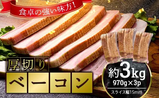 厚切りベーコン 計約3kg 970gx3パック 小分け 大容量 厚切り ベーコン 肉 豚肉 豚バラ 料理 朝食 朝ご飯 グルメ ふるさと納税 F6L-1068