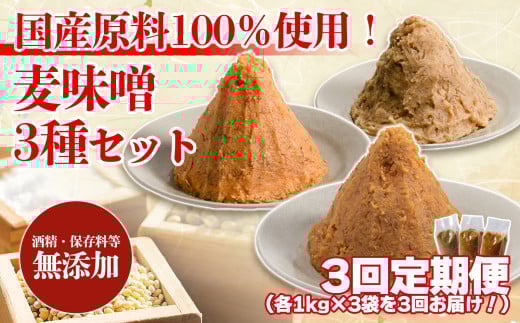 [3回定期便]麦みそ 3種セット 1kg 各3個 計9kg | 甘口 中辛 合わせ 減塩 低塩 麦みそ 国産 大麦 大豆 味噌 みそ 粒みそ 調味料 麹 こうじ 味噌汁 みそ汁 愛媛県 松前町 えひめけん まさきちょう