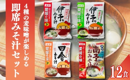 4種の麦味噌が楽しめる即席みそ汁セット(12食入り)| 即席 レトルト 味噌 味噌汁 みそ汁 簡単 便利 具だくさん 食べ比べ 父の日 一人暮らし 減塩 低塩 麦みそ 国産 大麦 大豆 味噌 みそ 粒みそ 調味料 麹 こうじ 味噌汁 みそ汁 愛媛県 松前町 えひめけん まさきちょう ギノーみそ
