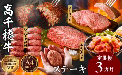 【3か月定期便】 高千穂牛ステーキ定期便| 牛肉 肉 お肉 サーロイン ステーキ 赤身 定期便 定期 国産牛 ブランド牛 和牛 ハンバーグ 国産 贈答 贈り物 簡単調理 おかず 普段使い |_Tk002-t083