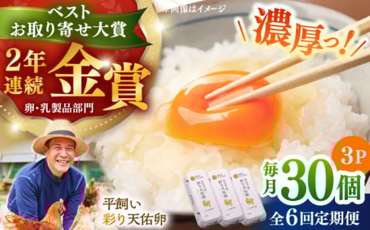 【平飼い卵】【全6回定期便】黄身の濃厚なコクと白身の甘み！たたらの里平飼い 彩り天佑卵 30個入り（10個×3P）たまご 卵 放牧卵 玉子 タマゴ 鶏卵 生卵 国産 平飼い 卵焼き 卵かけご飯 TKG 朝食 朝ごはん ご褒美 コク 旨み 贅沢 お取り寄せ 毎日食べたい卵 美容 健康 単品 定期便 人気 高評価 ランキング 島根県雲南市/株式会社たなべたたらの里（たなべ森の鶏舎） [AIDL003]