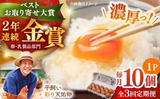 【平飼い卵】【全3回定期便】黄身の濃厚なコクと白身の甘み！たたらの里平飼い 彩り天佑卵 10個入り（10個×1P）たまご 卵 放牧卵 玉子 タマゴ 鶏卵 生卵 国産 平飼い 放し飼い 卵焼き 卵かけご飯 朝食 朝ごはん ご褒美 コク 旨み 贅沢 お取り寄せ 毎日食べたい卵 美容 健康 定期便 人気 高評価 ランキング 島根県雲南市/株式会社たなべたたらの里（たなべ森の鶏舎) [AIDL007]