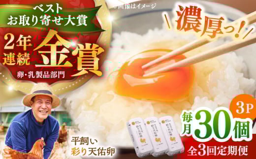 【平飼い卵】【全3回定期便】黄身の濃厚なコクと白身の甘み！たたらの里平飼い 彩り天佑卵 30個入り（10個×3P）/ たまご 卵 放牧卵 タマゴ 生卵 国産 平飼い 放し飼い 卵焼き 卵かけご飯 朝食 朝ごはん ご褒美 コク 旨み 贅沢 お取り寄せ 毎日食べたい卵 美容 健康 単品 定期便 人気 高評価 ランキング 島根県雲南市/株式会社たなべたたらの里（たなべ森の鶏舎） [AIDL002]